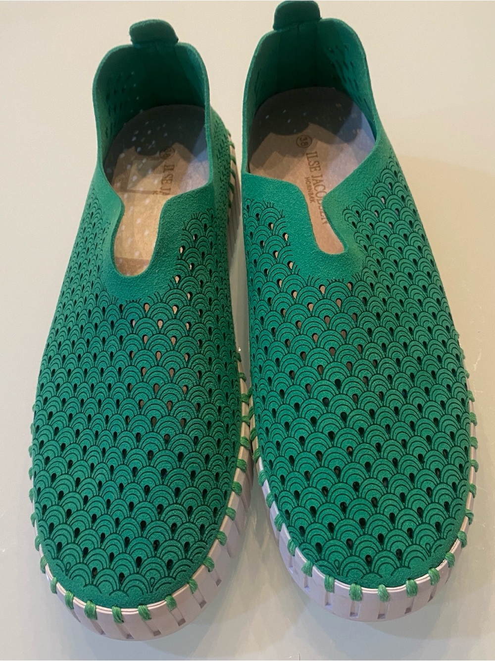 EUC Ilse Jacobsen Tulip 139 Perforated Laser Cut Slip-On Shoes Green Size 38